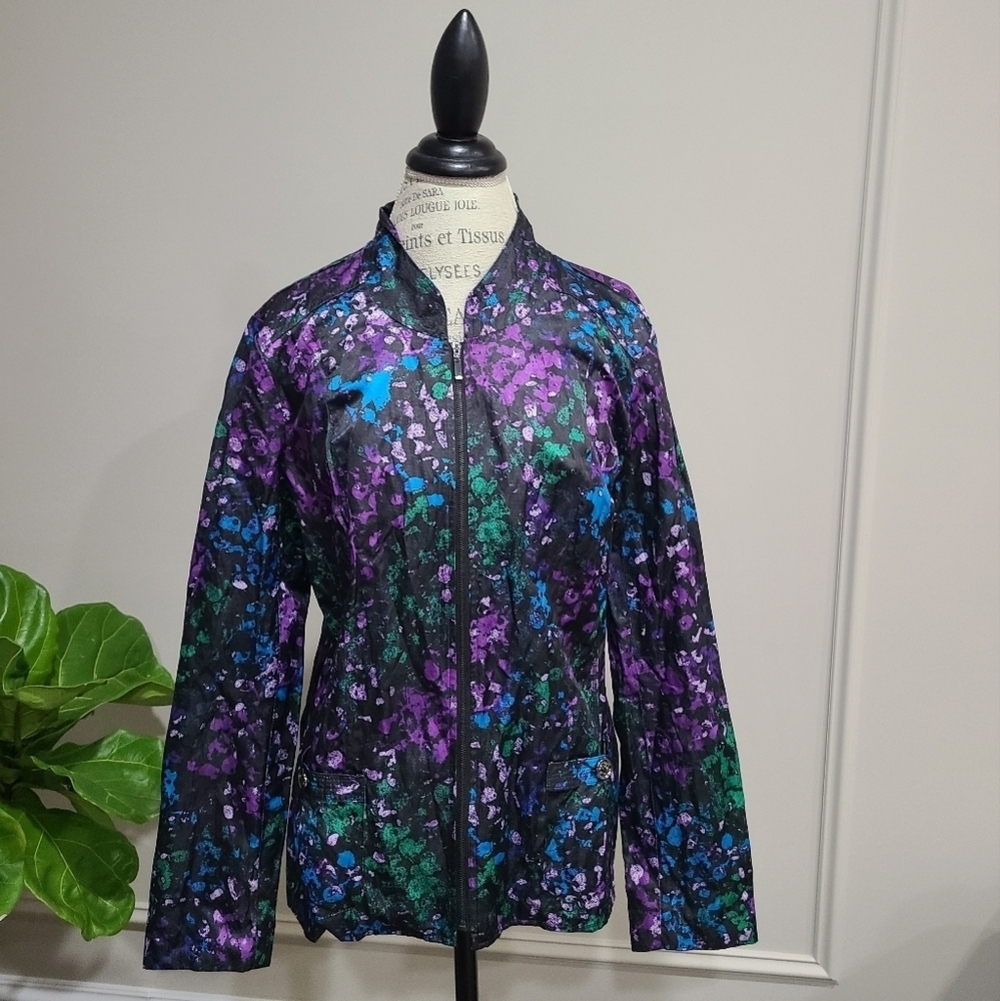 Laura Ashley women's jacket multicolored  art splatter print full zip  sz.L (d7)